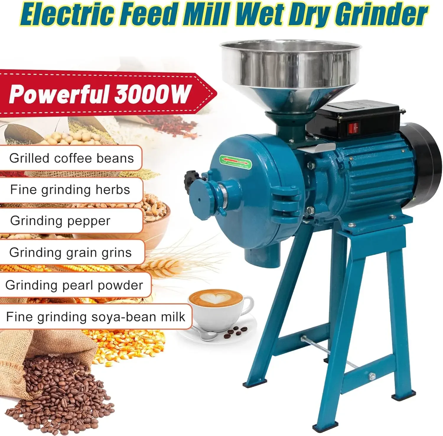 Mills, 3000W Wet Dry Cereals Grinder Electric Grain Grinder Corn Mill Heavy Duty 110V Commercial Grain Grinder Machine Rice Corn