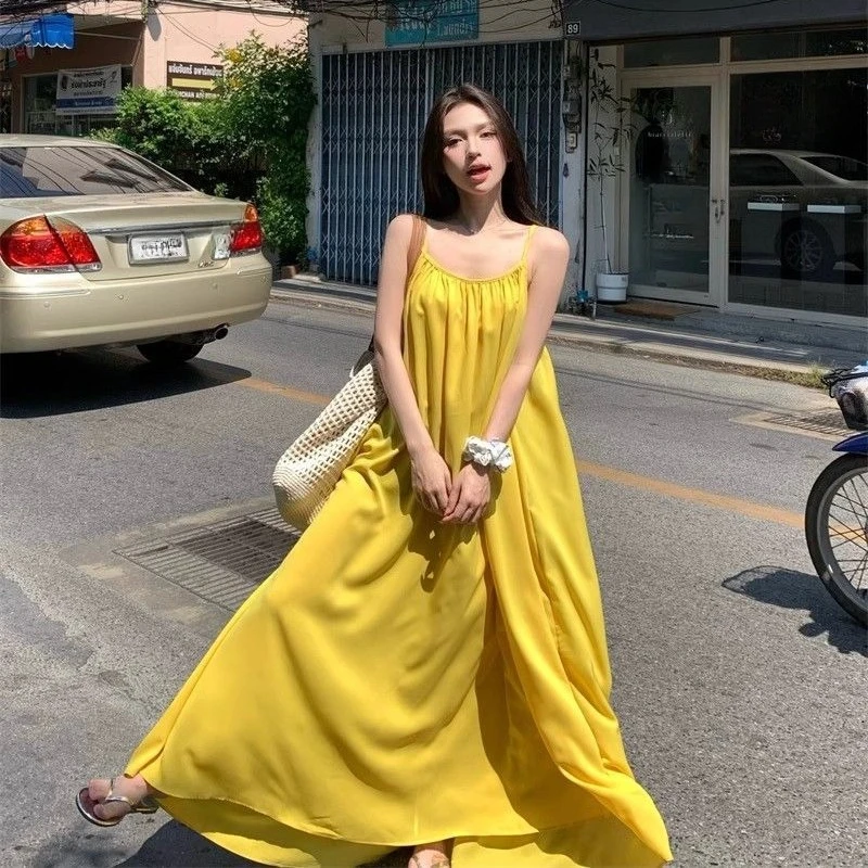 여성 비치 스타일 백리스 섹시 옐로우 드레스, 옆트임, - Yellow Summer Clothing 리뷰 및 가격