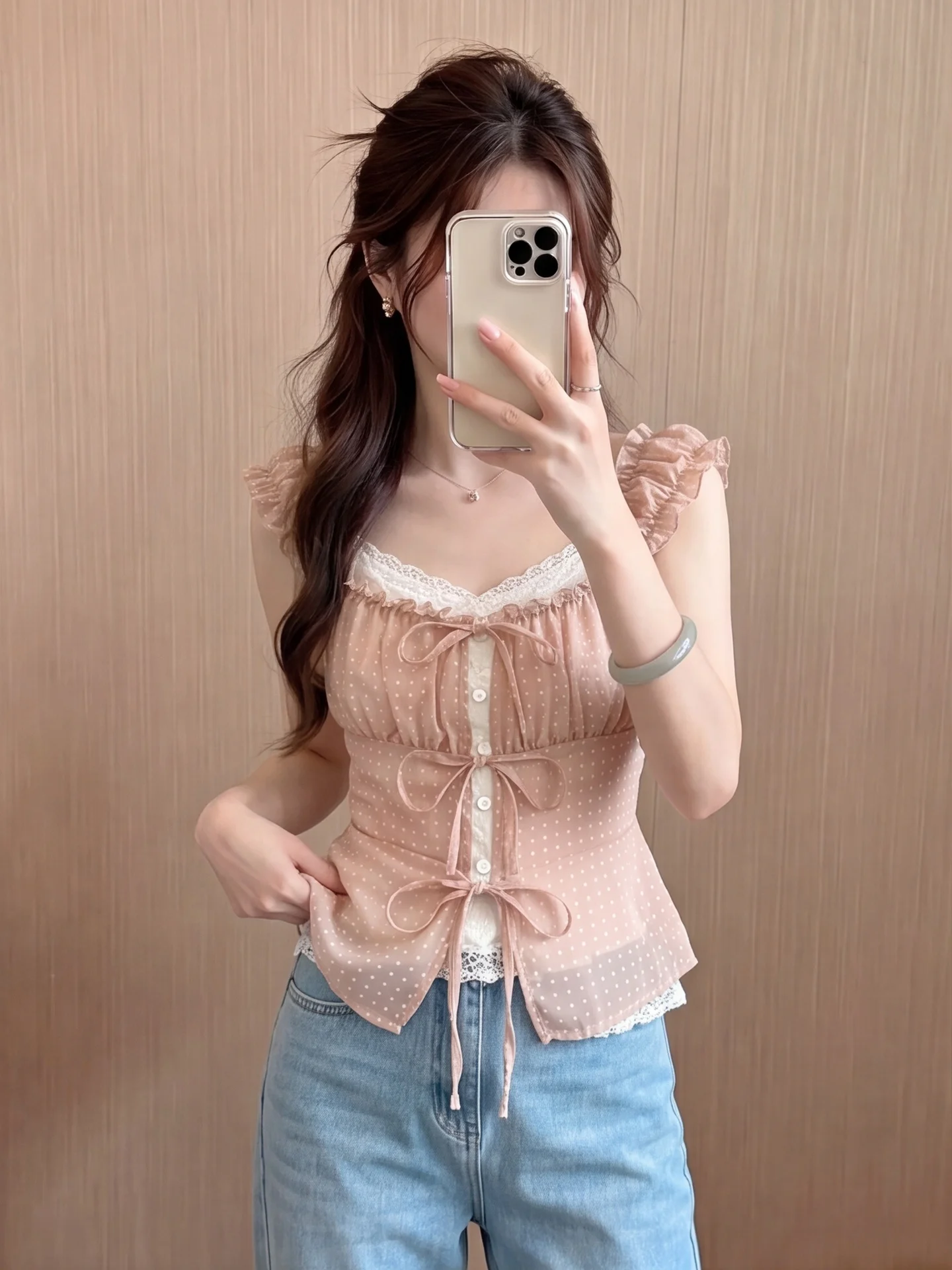

Sweet Polka Dot Bow Tie Lace Underwear Women's Summer Inner Wear Two-Piece Set Tunic Top Korean Style Slim Fit Citywalk