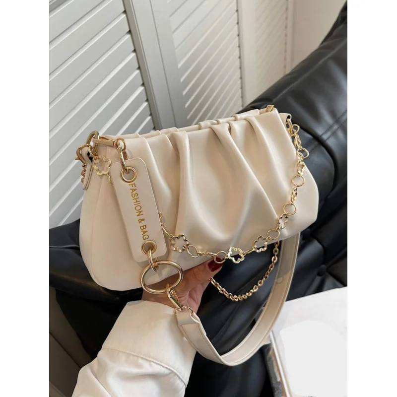 

CONTAINEVERY Fashionable Moire Chain Decor Ruched Bag Classic Carryalls Latest & Stylish Cloud Sling Bag With Chain Handle And D