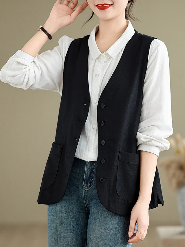 Short Women's Vest 2026 Commute Simple Spring Autumn Korean Style Middle-Aged Mom Retro Shoulder Pad Jacket Outerwear Thin Vest