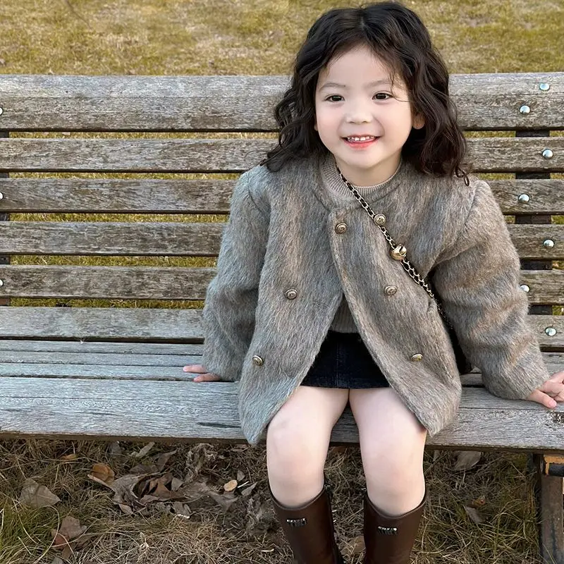 韓国風ダブルブレストウールブレザーコート-女の子用-2025秋冬-キッズ向けトレンドアウター