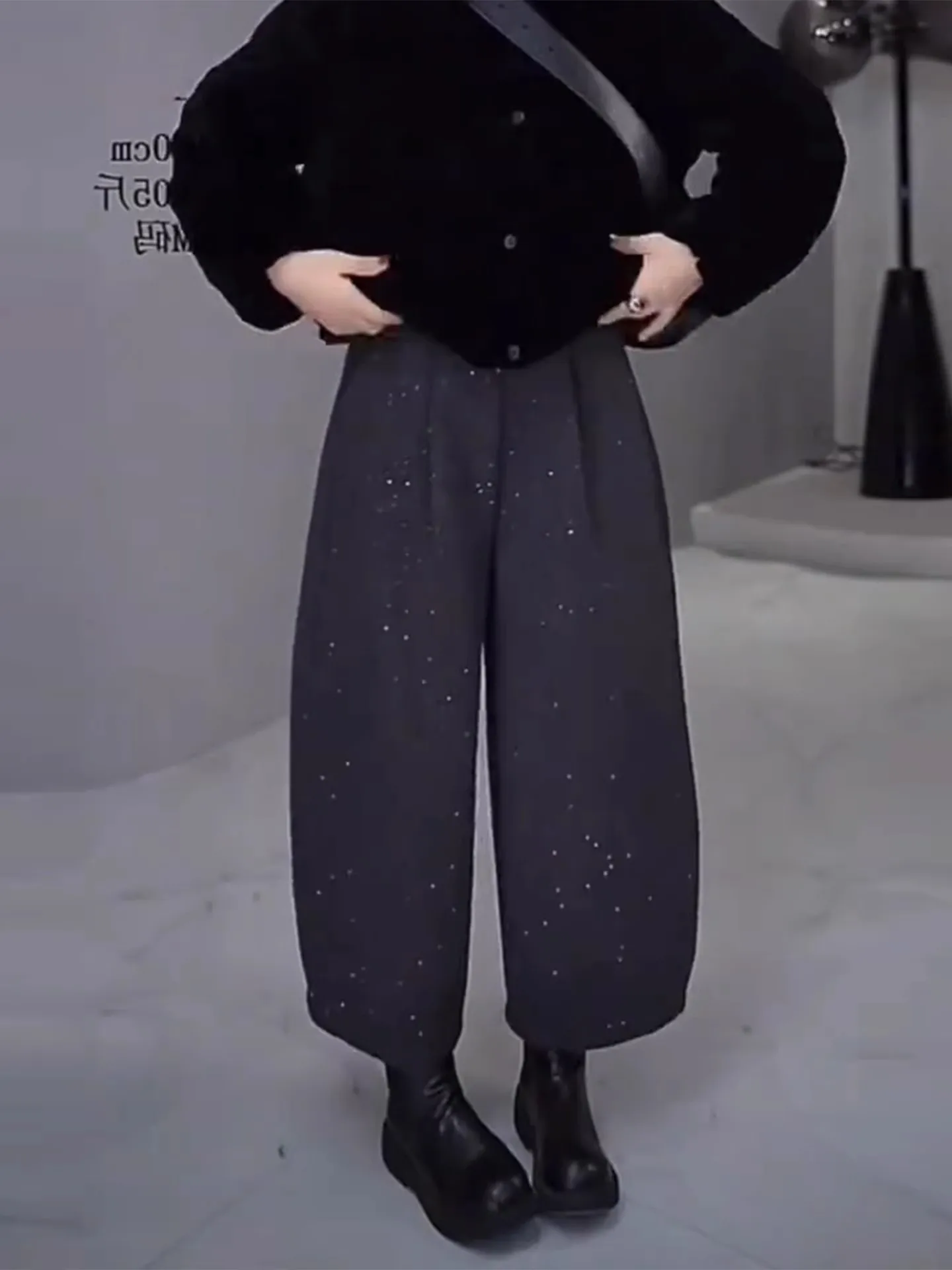 

Женские повседневные брюки Tianxing с высокой талией, широкими штанинами, на флисовой подкладке, укороченные, для фигуры типа «груша», осенняя новинка