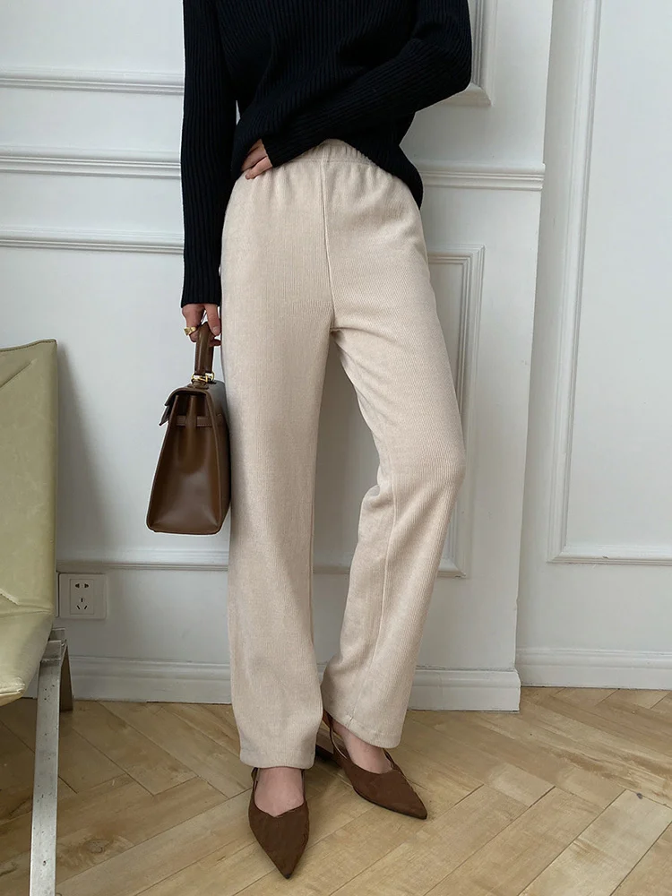 

High Elastic Waist Beige Long Corduroy Wide Leg Pants New Loose Fit Trousers Women Fashion Tide Spring Autumn 2022 K012