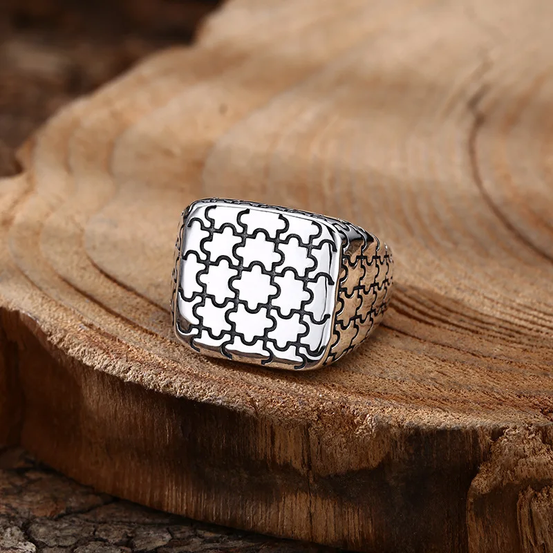 S925 Sterling Silver Jigsaw Puzzle Adjustable Ring Punk Style Old Process Solid Free Size Fine Jewelry FYRNG150