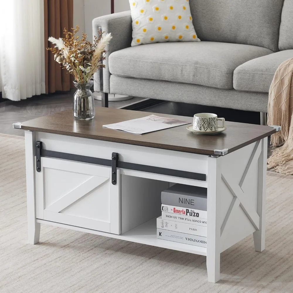 Rustic Grey Farmhouse Style Lift Top Coffee Table with Storage Shelf and Hidden Compartment