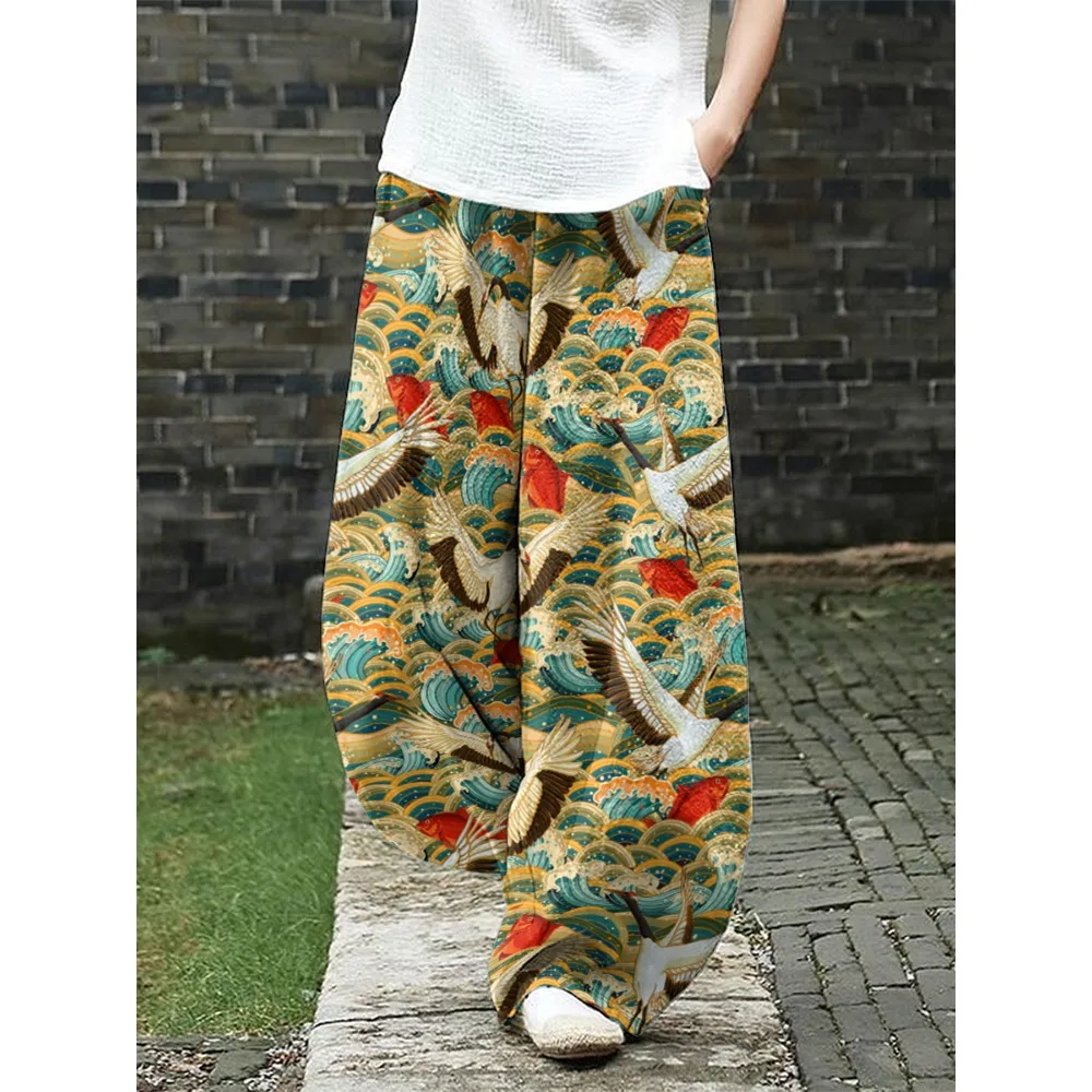 Feminino retro japonês guindaste impressão calças de perna larga boho solto calças casuais única moda artística calças compridas para mulher