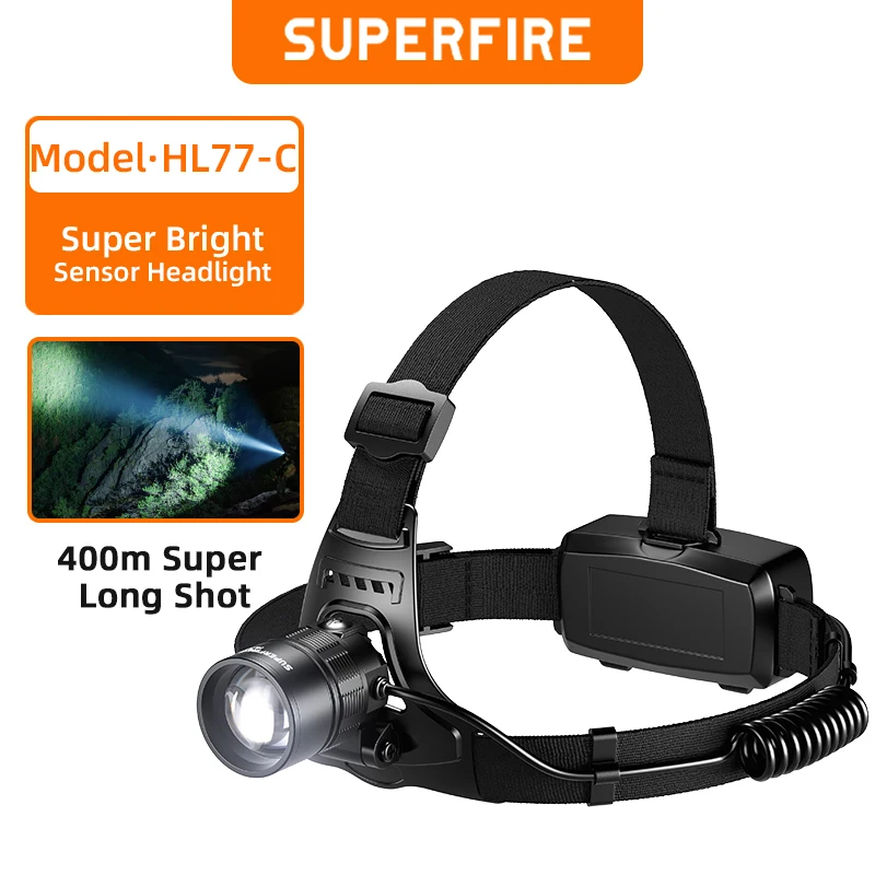 SUPERFIRE HL77-C Led Headlamp Zoomable USB Rechargeable Powerful Sensor Headlight Waterproof 18650 Super Bright Head Flashlight