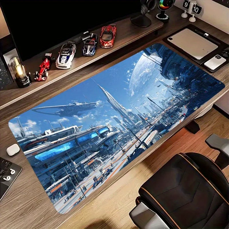 Futuristic Sci-Fi City Spaceship Large Gaming Mouse Pad Non-Slip Rubber Desk Mat for Office Laptop Keyboard