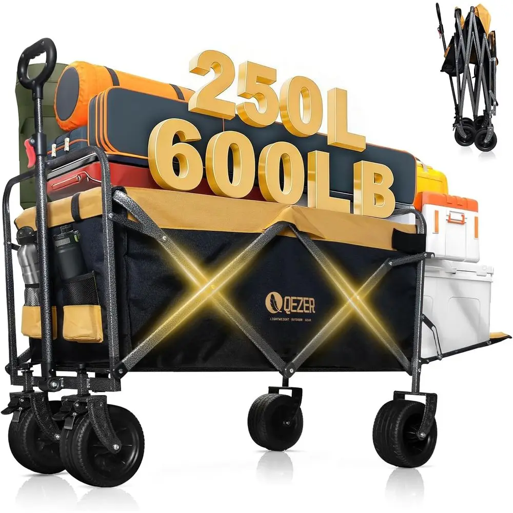 

56" Large Collapsible olding Wagon with Taiate and Brake, 600LBS Heavy Duty Utility Cart, 250L Large All-Terrain Beach Wagon or
