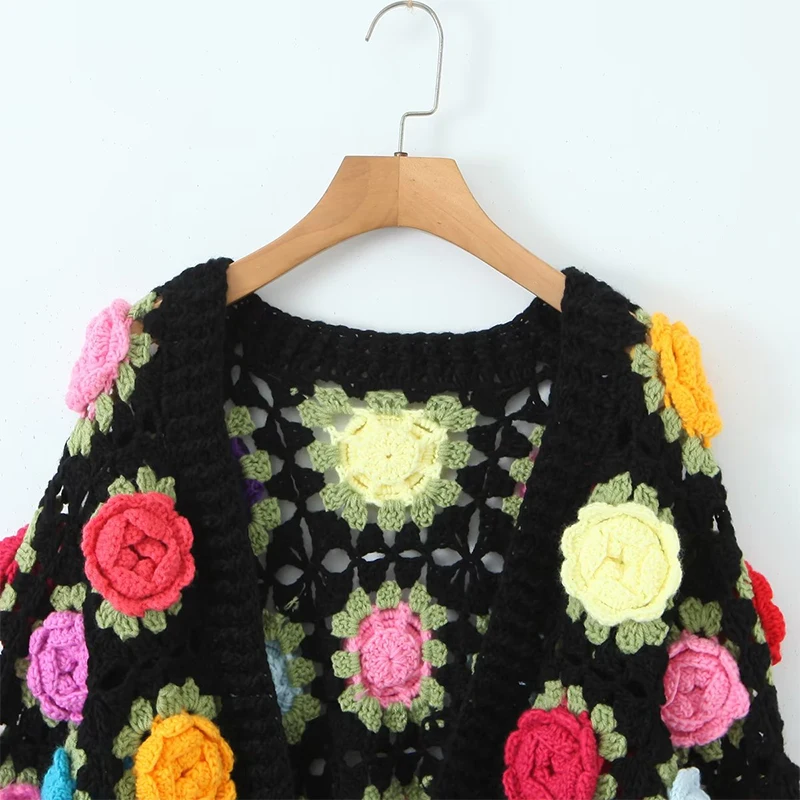 YENKYE 2023 Autumn Women Hand Crochet 3D Flower Cardigan Vintage Lantern Sleeve V Neck Female Boho Sweater Knitwear Jumper