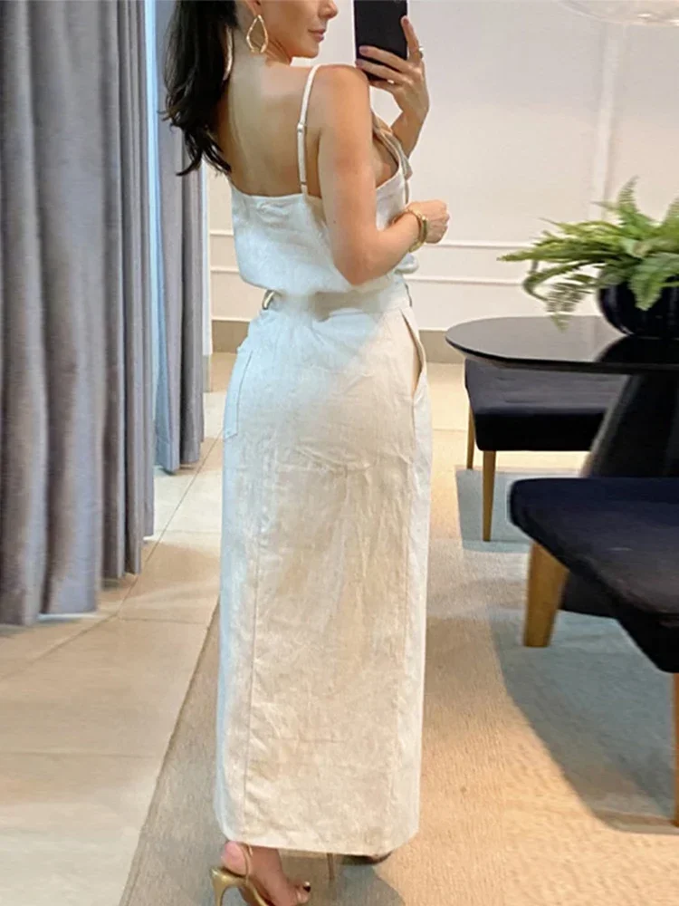 Cotton Linen 3D Flower Skirt Sets Women Off Shoulder Backless Sling Top High Waist Split Skirt 2024 Summer Casual Lady Outfits