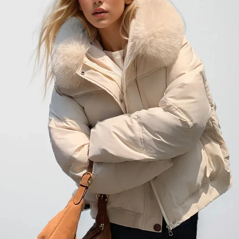 Down and Cotton Jacket for Women 2024 New Fashionable High end Women's Big Hair Collar Thickened Loose Coat