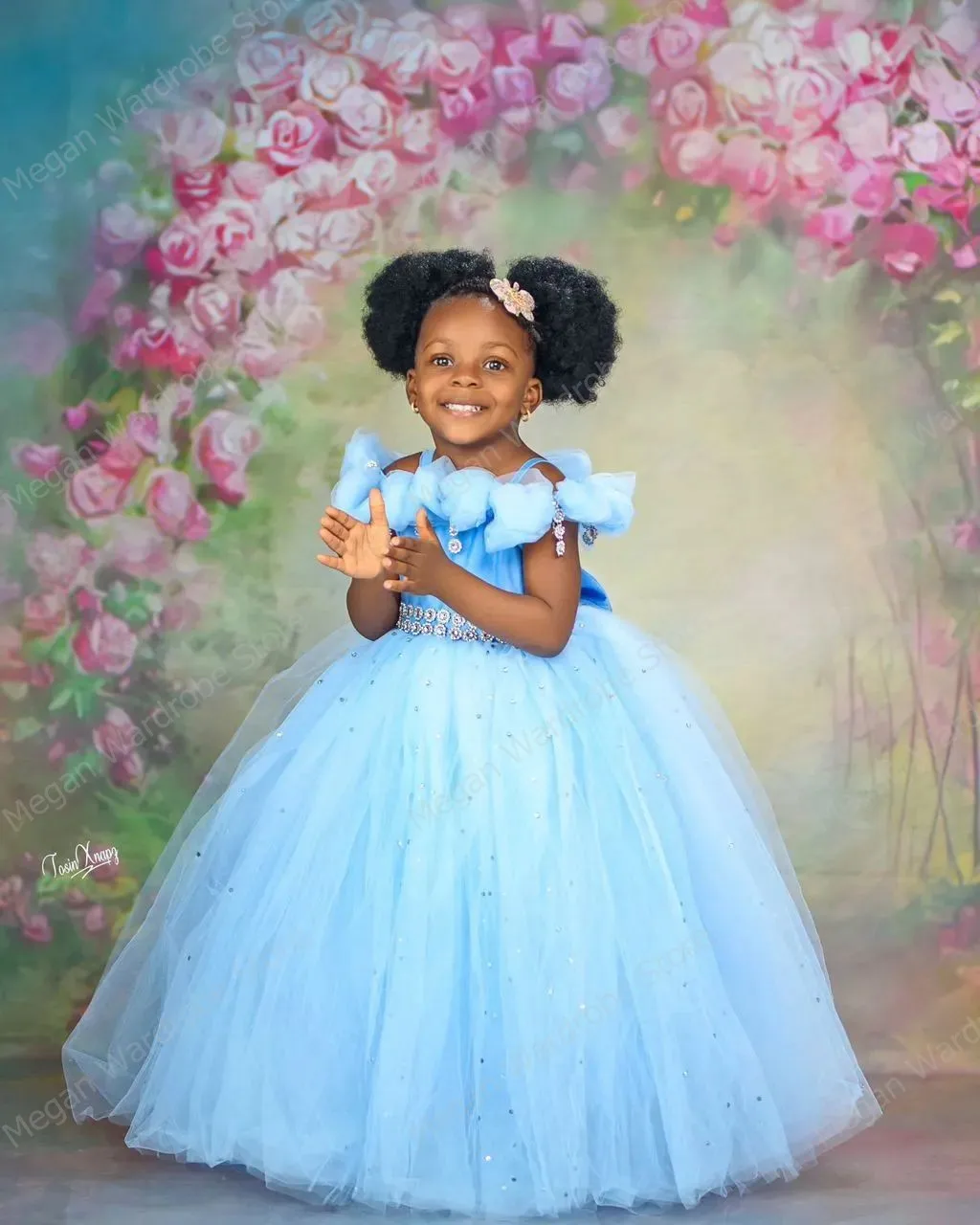 Puffy Sky Blue Tulle Ruffles African Kids Dresses A Line Ruffled Mesh Sequins Floor Length Dress For Girls Birthday Party Wear