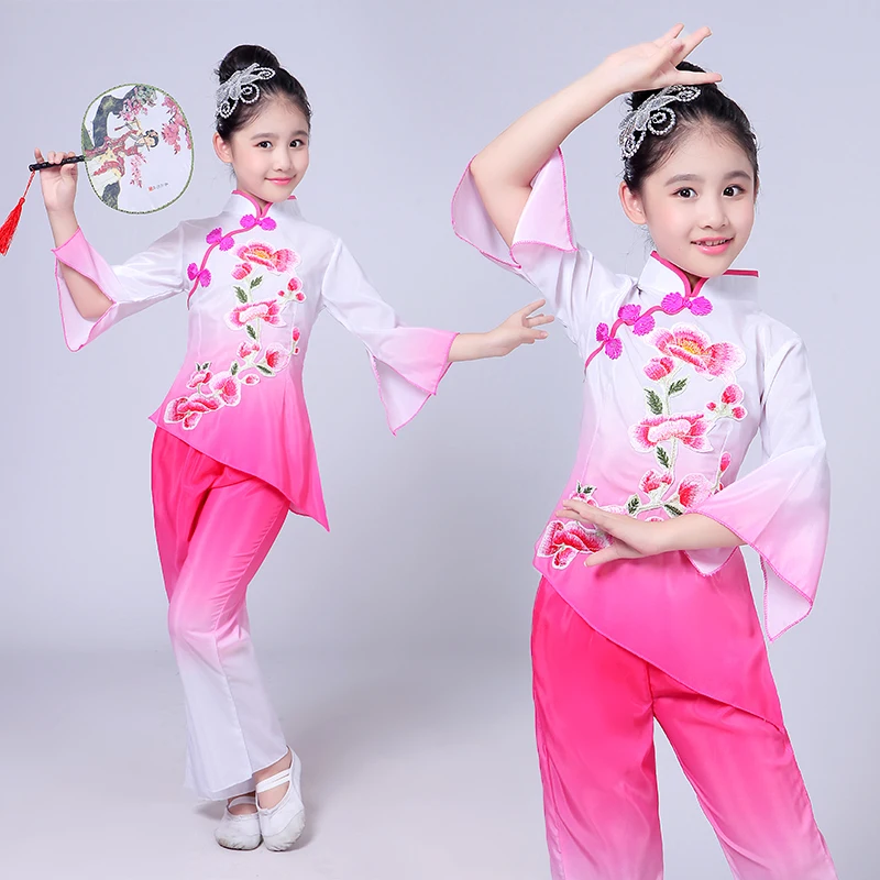 Girls children\'s classical dance high quality embroidery elegant costumes fan dance costume Jiangnan umbrella hanfu Dance wear