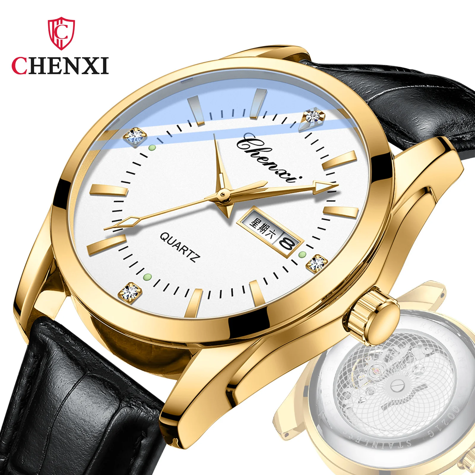 

CHENXI 0021 Double Calendar Transparent Fashion Business Watch With Diamond Glow Belt Quartz Wristwatch Male Free Shipping