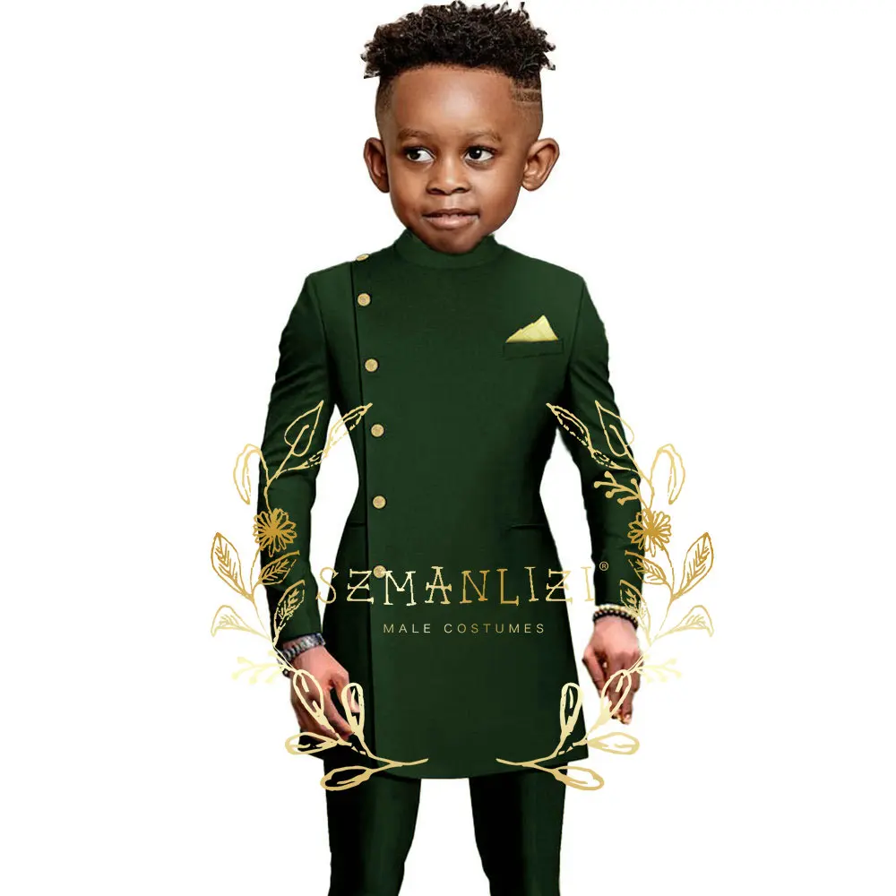 Indian Style Boys Suit Wedding 2 Pieces Long Jacket Pants Black Double-breasted Blazer for Kids 3-16 Years Old Custom