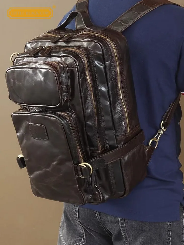 

Винтажный мужской рюкзак с несколькими карманами для путешествий на открытом воздухе, дизайнерские школьные ранцы большой вместимости, сумка на плечо из натуральной кожи