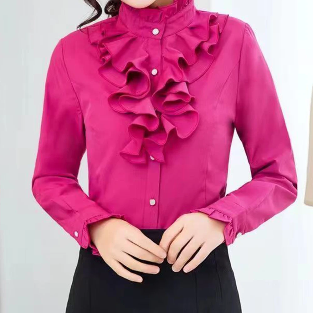 

Chiffon shirt women's spring and autumn new long-sleeved ruffled stand-up collar slim waist slimming high-end base shirt
