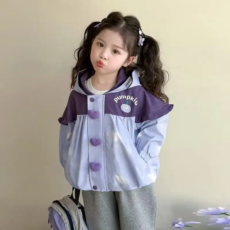 2026 New Toddler Girls Spring Jacket Baby Cute Print Color Blocking Hooded Windbreaker Coat Kids Casual Clothing Outwewear 2-7Y