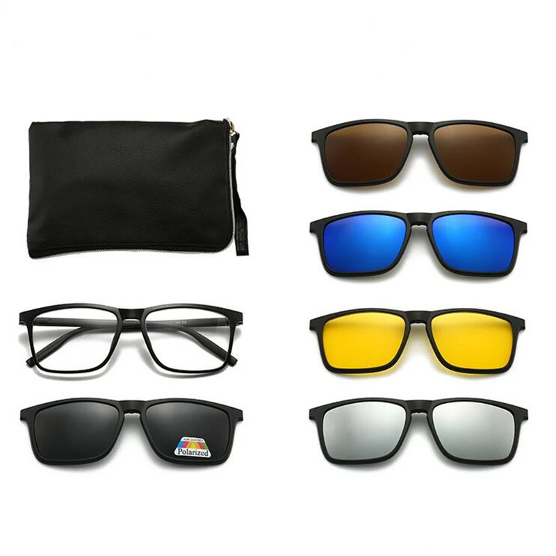 GSBJXZ Magnet-Clip, quadratische Myopie-Sonnenbrille für Herren und Damen, mit 5 Clip-on-Sonnenbrillen, polarisierte verschreibungspflichtige Brillen, 0–0,5–0,75 bis–6,0 4