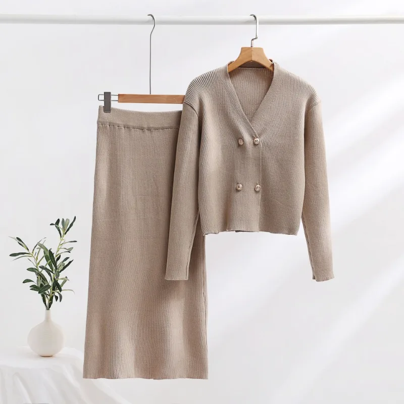 Women Elegant Knit V Neck Cardigan Sweater Women Tracksuits Wide Leg Pants Sutis Autumn Winter Fashion 2 Pieces Sets Outfits