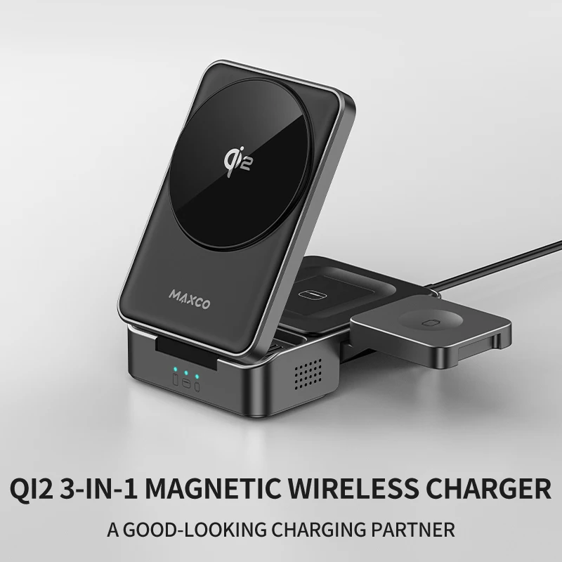 Qi2 3 in 1 Wireless Charger Foldable Qi2 Certified 15W Magnetic Travel Charger for IPhone 16/15/14, 5W for Apple Watch, AirPods