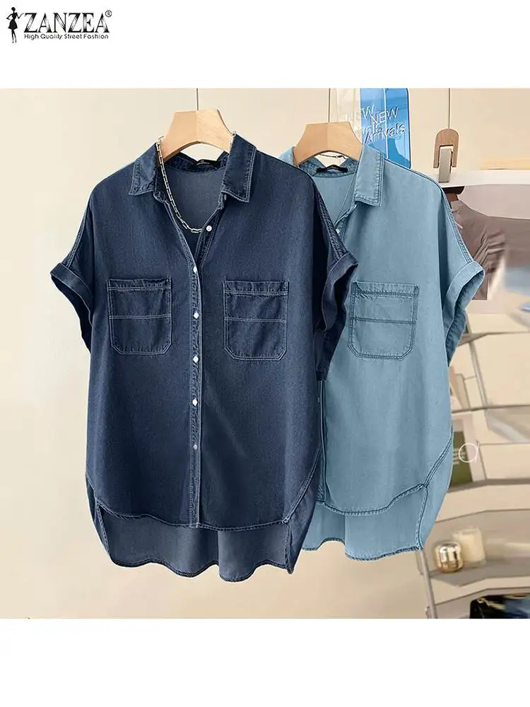 ZANZEA Women Denim Blue Shirts Blouse 2023 Summer Short Sleeve Elegant OL Solid Dating Tops Tees Casual Loose Blusas Femininas