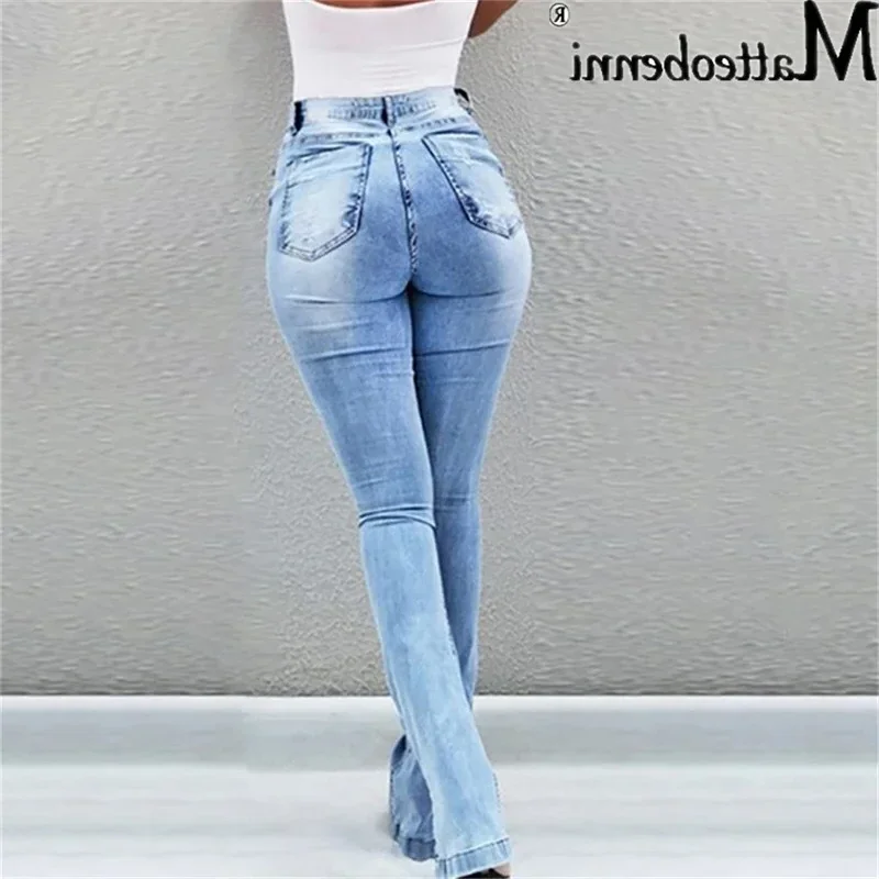 Women Casual Flared Jeans Fashion Sexy Skinny Split Leg Open Streetwear Fray Hole Stretch High Waist Blue Washing Denim Pants