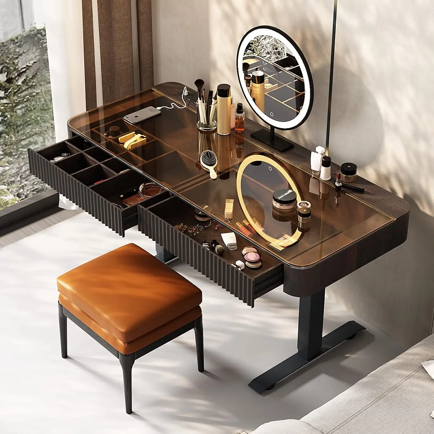 Vanity Table with Stool,Electric Lift Vanity Desk,Vanity Set，Up and Down Desk, Standing Vanity with Drawer (Black, Customized