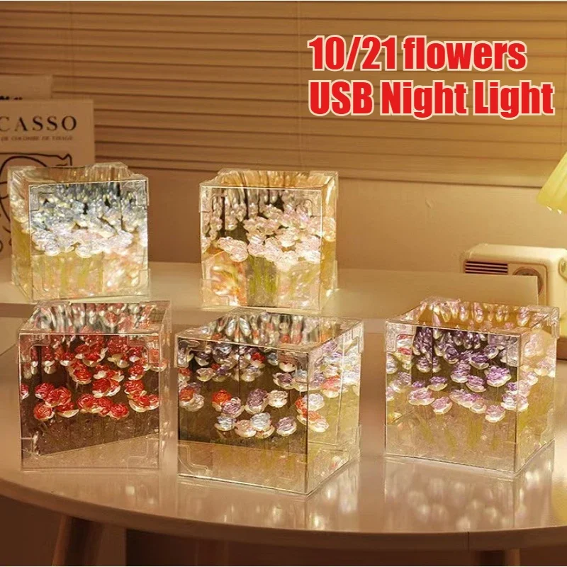 Valentine's Day Rose Gift Box LED Tulip Night Light DIY Material Package Bedhead Desktop Decoration Atmosphere Light Ornament