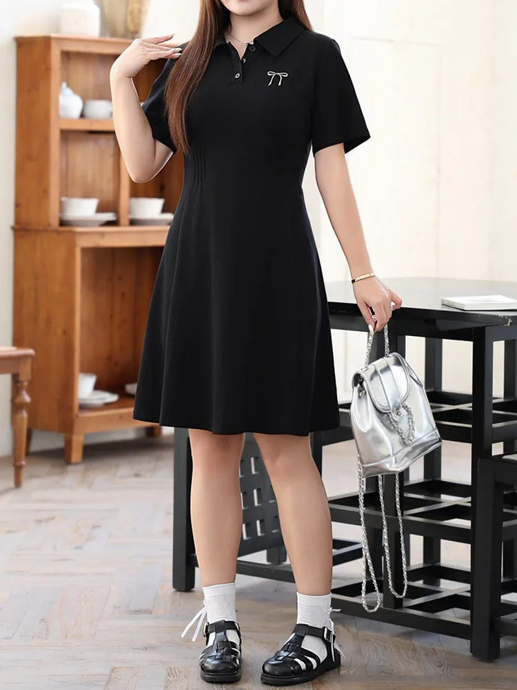 Casual Polo Collar Dress for Women, Preppy Style, White Bow Embroidery, Plus Size, Summer, Good Quality, 2024