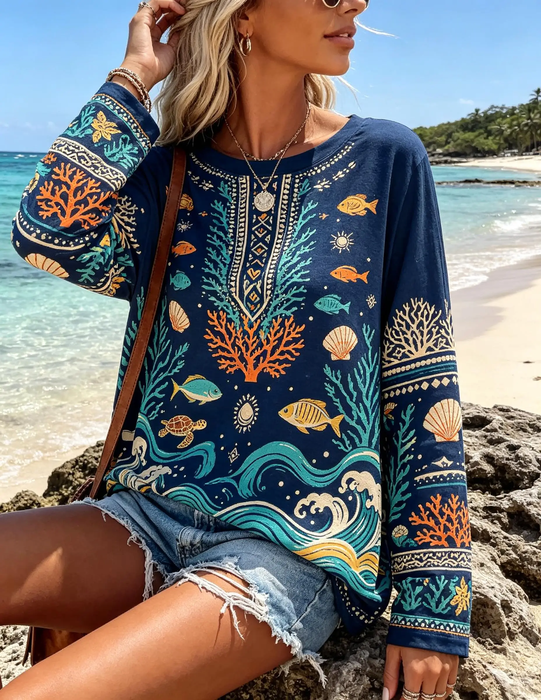 Women Crew Neck Long Sleeve T Shirt Vintage Ocean Coral Seashell Print Oversized Loose Casual Fall Top