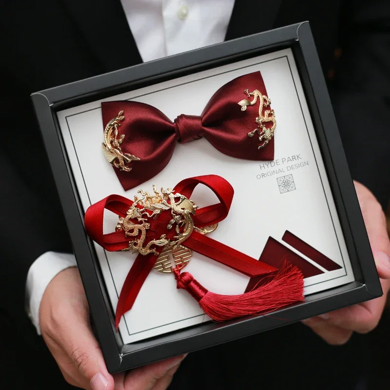 Wedding bridegroom best man dragon phoenix Chinese bow tie wedding male wine red high-end gift box set studio