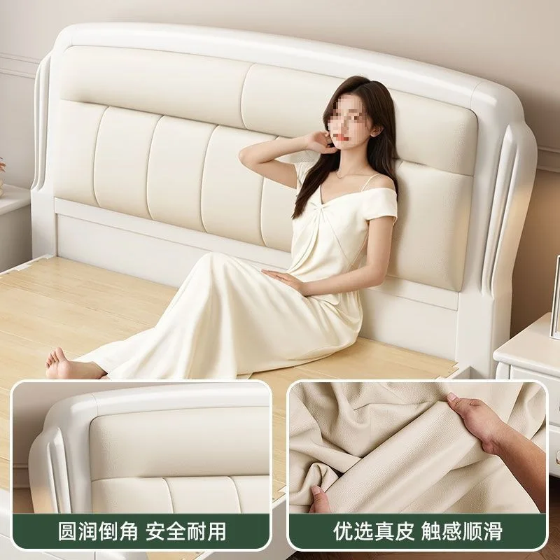 Purple gold sandalwood full solid wood bed leather soft bag queen bed white oil household master bedroom double wedding bed