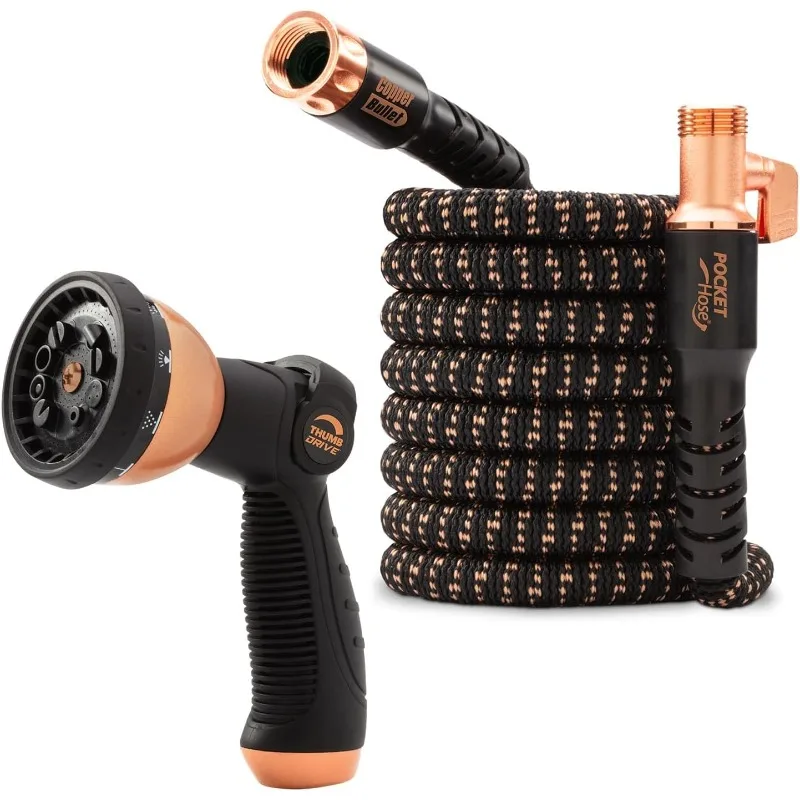 

Hose w/10 Pattern Thumb Spray Nozzle3/4 in Patented Lead-Free Ultra-Lightweight Solid Copper Anodized Aluminum Fittings No-Kink