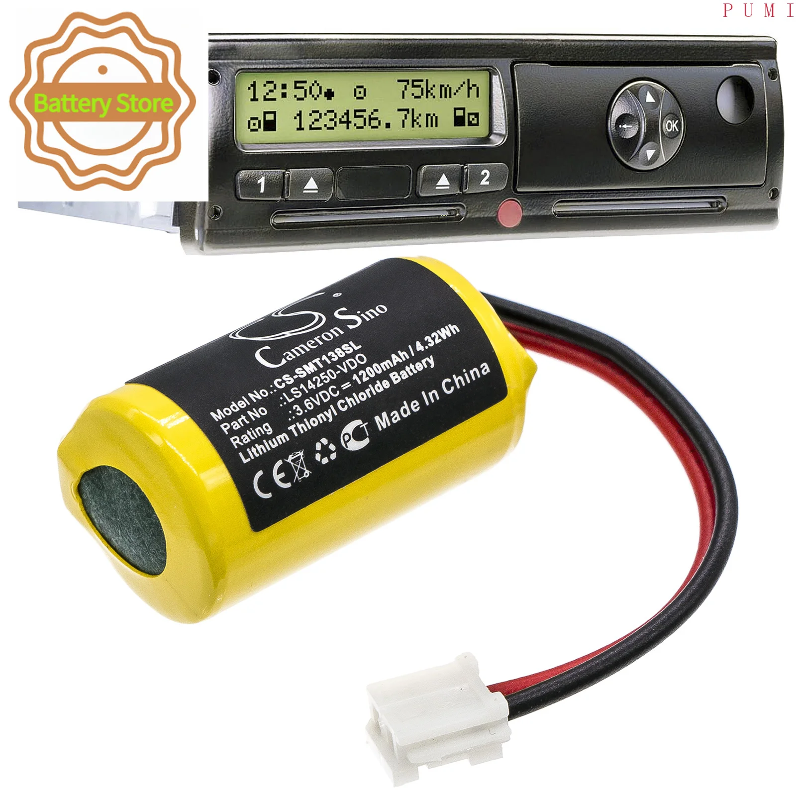 CS Replacement Battery for Siemens VDO Digital Tachograph DTCO 1381 PN:LS14250-VDO,A2C59511954,A2C59511954X 1200mAh / 4.32Wh