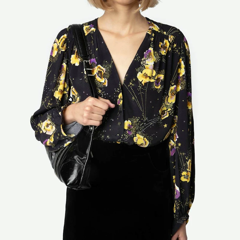 

Women Black Shirt Casual Yellow Floral Blouse Female V-Neck Long Sleeve Tops Ladies 2025 Elegant Shirts