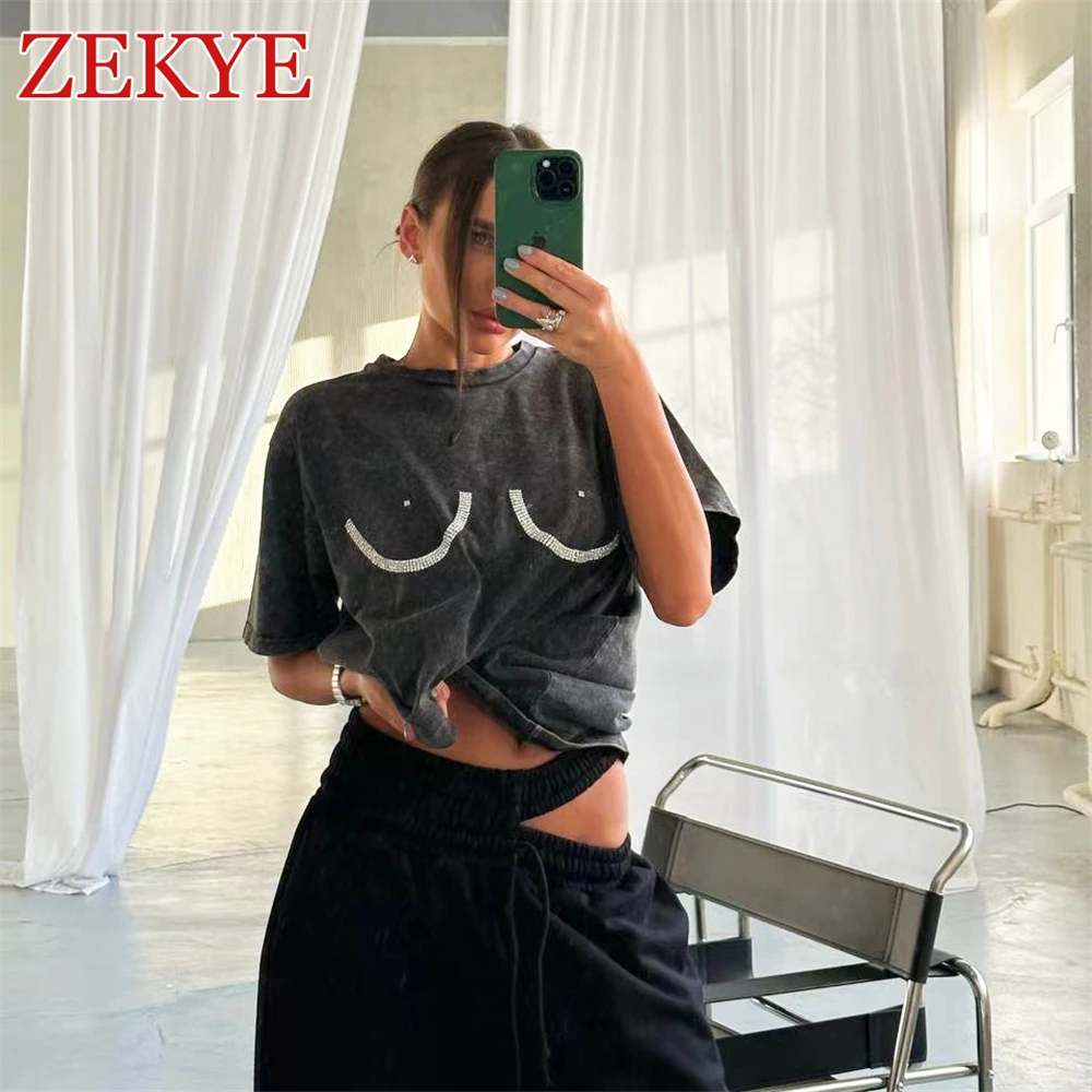 Zekye-T-shirt streetwear avec biscuits pour femme, haut décontracté rétro gris, pull basique, esthétique Y2K, DistMurcia