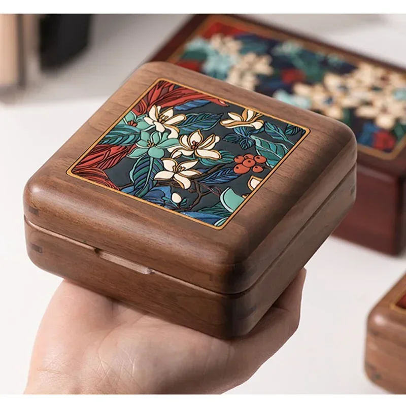 Retro Style Jewelry Box with Traditional Chinese Painting, Handmade Walnut Wood Storage Box for Earrings, Necklace, Home Decor
