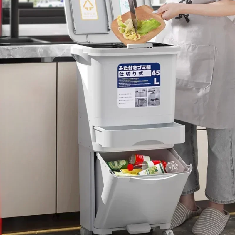 Japanese-Style Removable Trash Can Double-Layer Large Capacity with Lid Kitchen Garbage Separation Bin Modern Waste Management