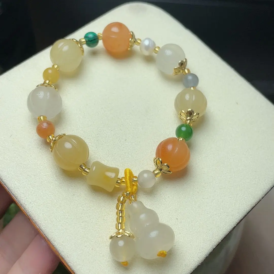 Natural Stone Jade Pumpkin Bead Gourd Bracelet Women's Crystal Bracelet Internet Celebrity Niche Light Luxury Gift Girl Student