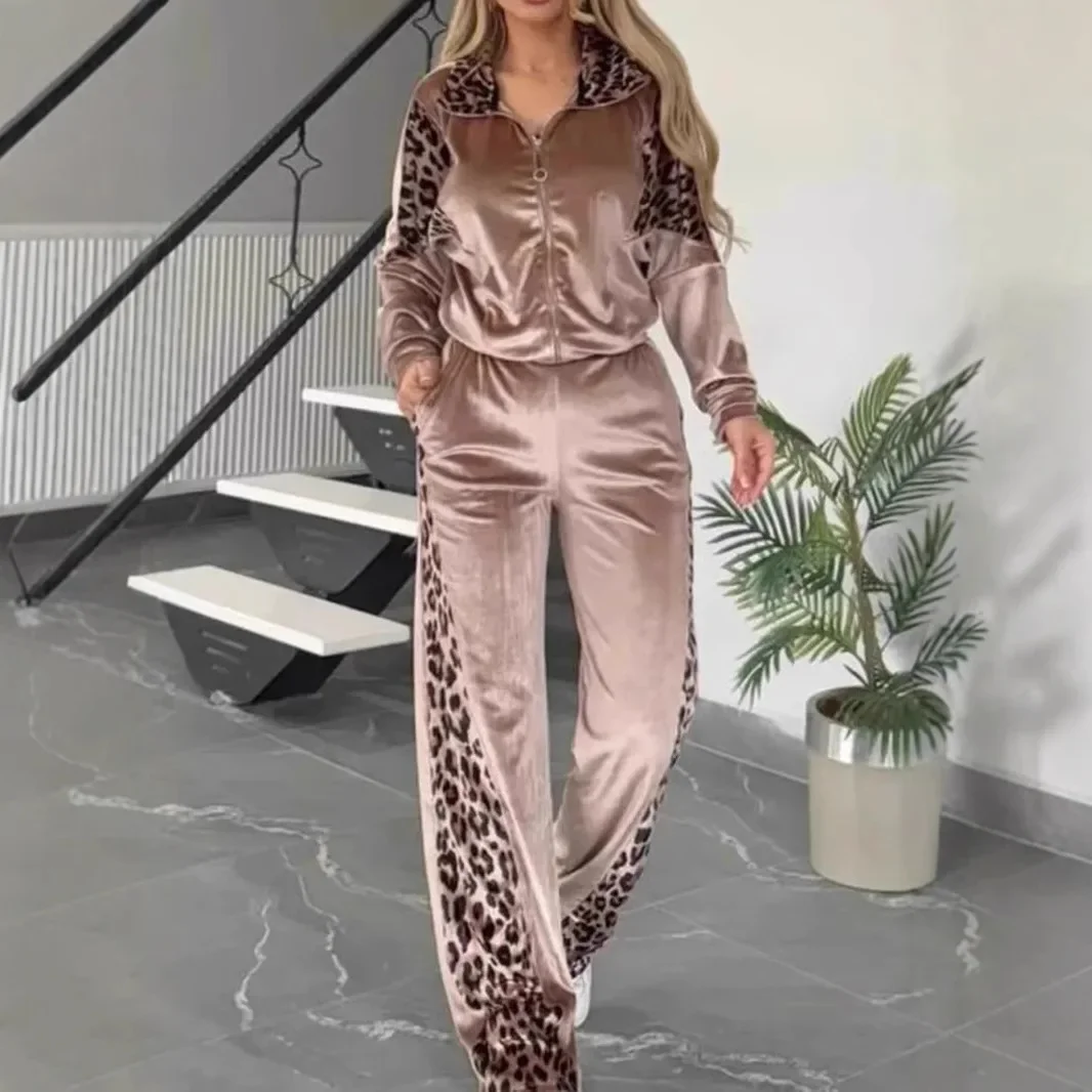 Straight Long Sleeve Jacket Spliced Autumn Winter Women Leopard Print Pant Sets Zipper Turn Down Collar Coats Two Piece