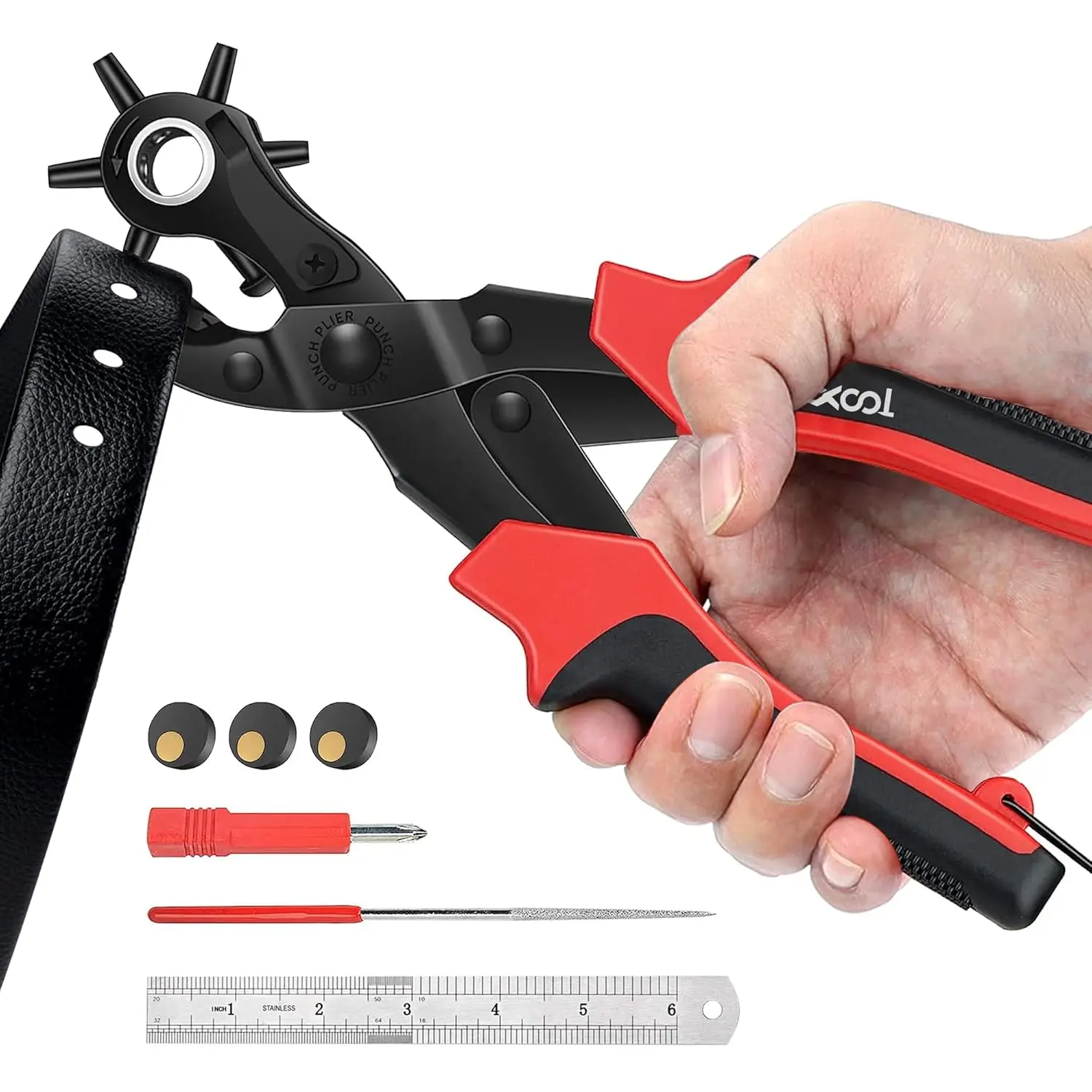 

Revolving Punch Plier Kit, Leather Hole Punch Set for Belts, Straps, Dog Collars, Saddles, Shoes, Fabric, Multi Hole Sizes Make