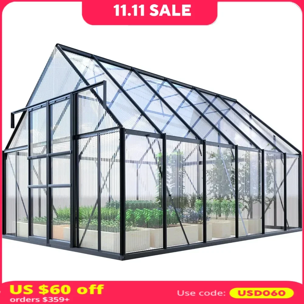 8' x 12' x 8' Greenhouse with Adjustable Vent Window and Rain Gutter, 2 Sliding Doors, Walk-in Aluminum Polycarbonate Greenhouse