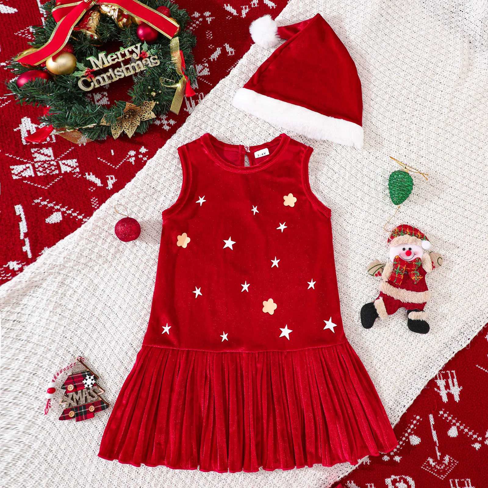 

New Christmas Girls Velvet Dress Star Flower Print Kids Clothes Sleeveless Pleated Vest Dress Santa Hat For 1-6y Birthday Party
