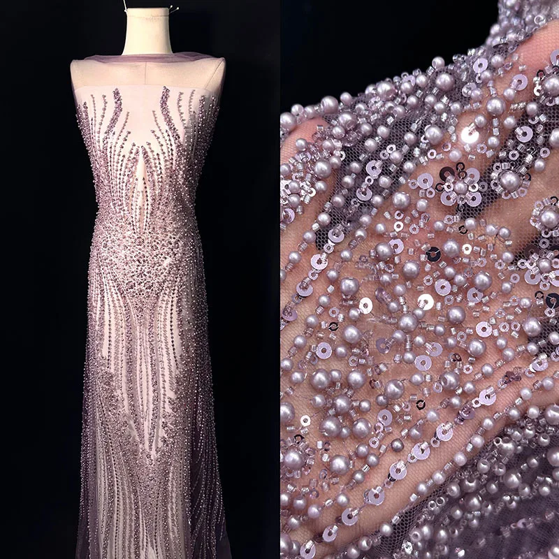 

14 Colors Beaded Pearl Embroidered Diamond Material Accessories Evening Party Gown Sequin Mesh Wedding Dress Floral Fabric