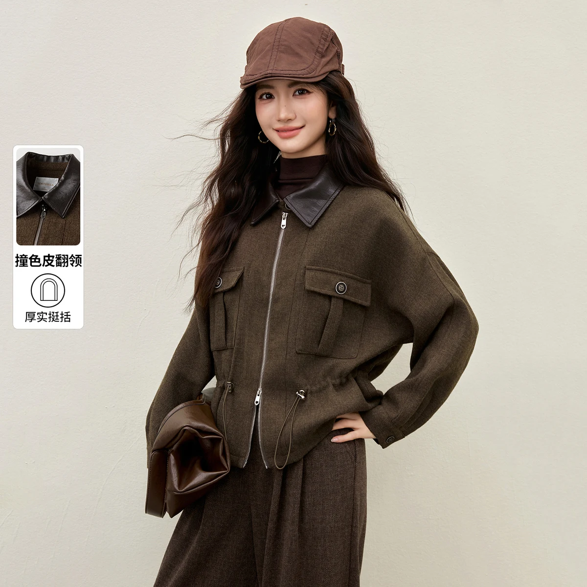 

SENTUBILA женская куртка с контрастным кожаным воротником, 2320, ретро, пальто с двойной молнией и шнурком, повседневная зимняя женская верхняя одежда 154WB4867