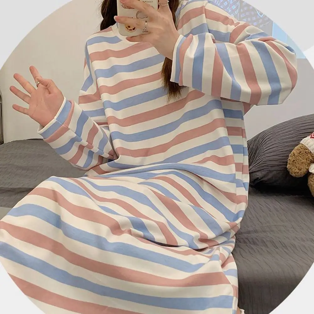 Plus Size 5XL 150kg Autumn Long Sleeve Night Dress Women Sleepwear Lingerie Striped Nightgowns Women Pajama Night Wear