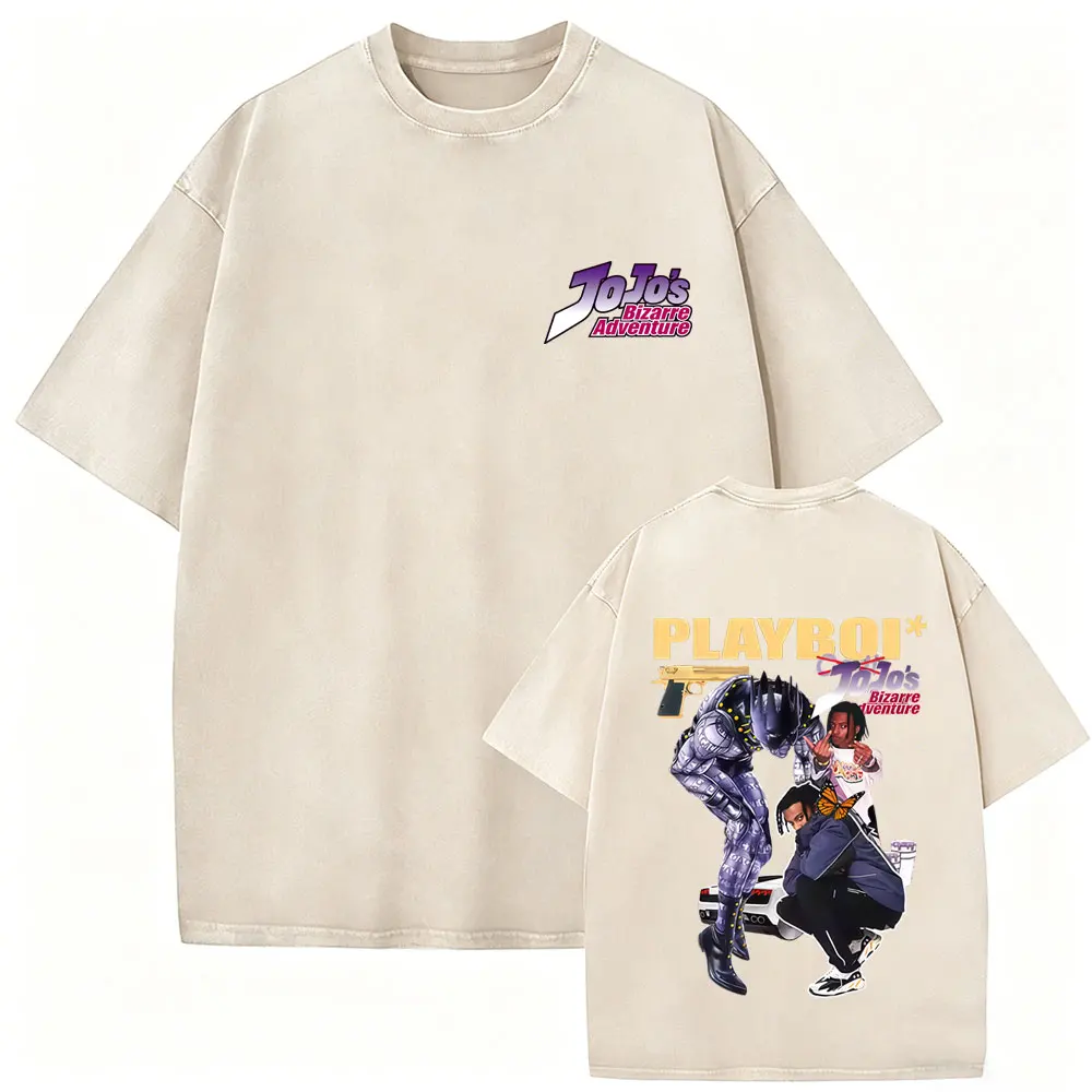 Anime Jojo Bizarre Adventure Vintage Washed T Shirt Playboi Carti Opium Merch T-shirt Men Women Manga Casual Oversized T-shirts